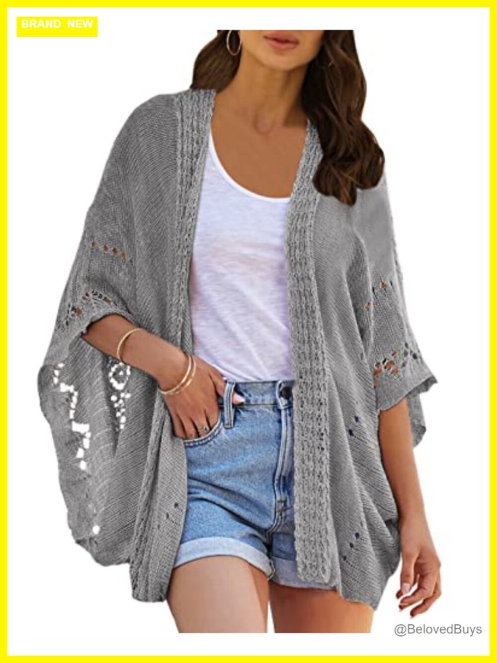 Crochet Cardigan Sweater Open Front Kimono Batwing Sleeve Lightweight